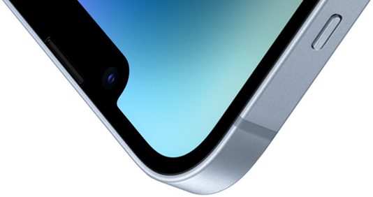 The top-left corner of an iPhone 14 with a Ceramic Shield front.