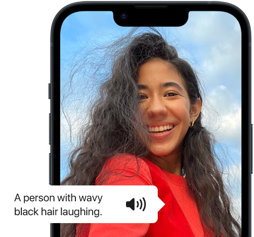 VoiceOver describing a photo of a person on iPhone.